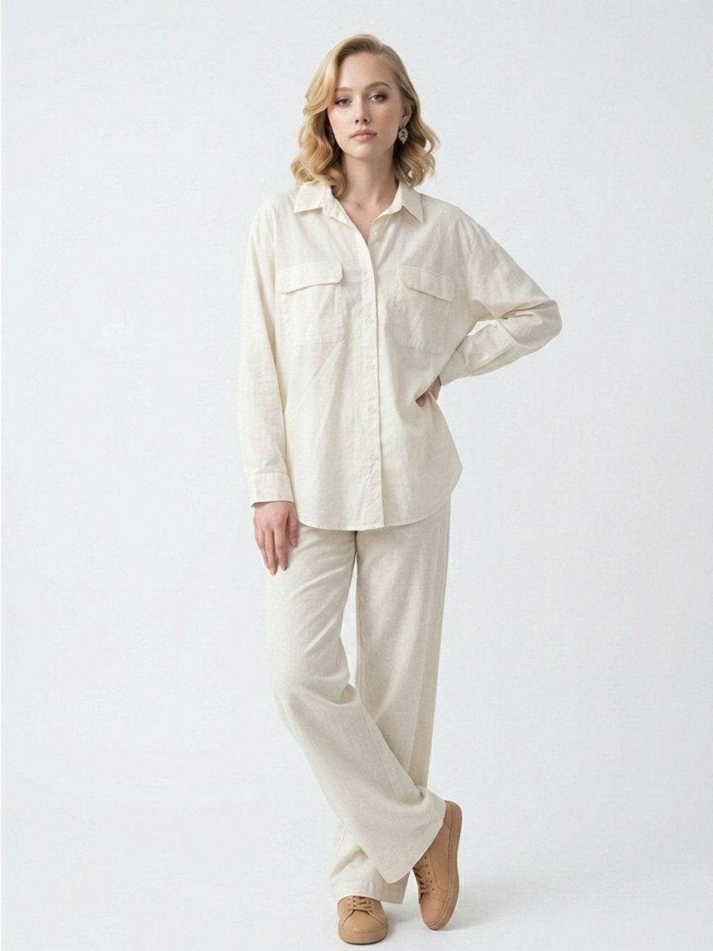 Ava & Viv Classic Women 2X Cream Long Sleeve Button-Front 2 Pocket Ivory Shirt
